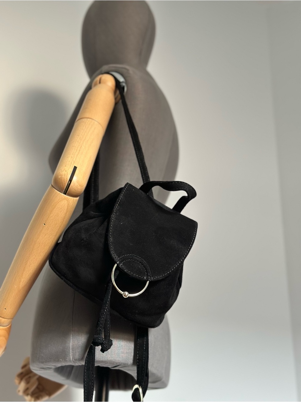 Black Suede Mini Backpack Drawstring Leather Bag Silver Hardware - Picture 6 of 17